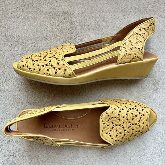 L’amour Des Pieds Bainya Gold Mustard Yellow Leather Wedge Heel Sandal Women 8.5 - Picture 16 of 16